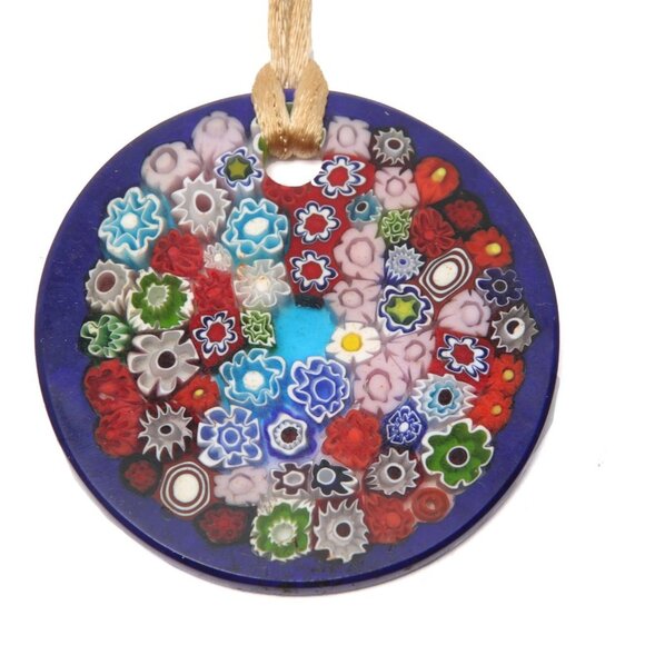 Vintage Murano Style Millefiori Glass Pendant Necklace Mosaic Floral Blue Italy - Picture 4 of 9